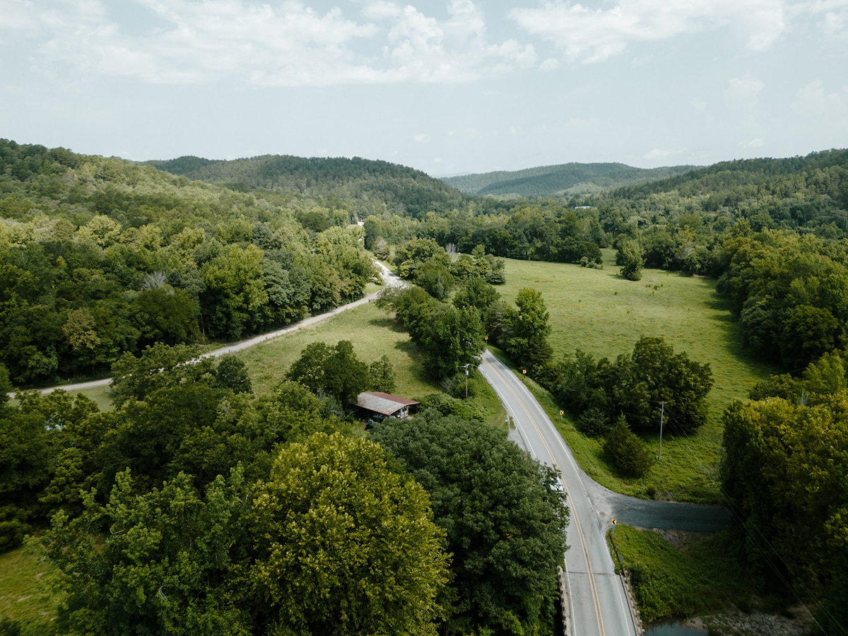Aerial view of the wooded Big Fork and Mena area
