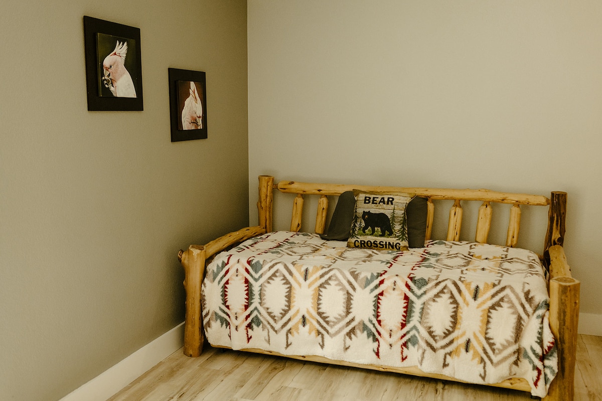 Cabin bedroom with rustic decor