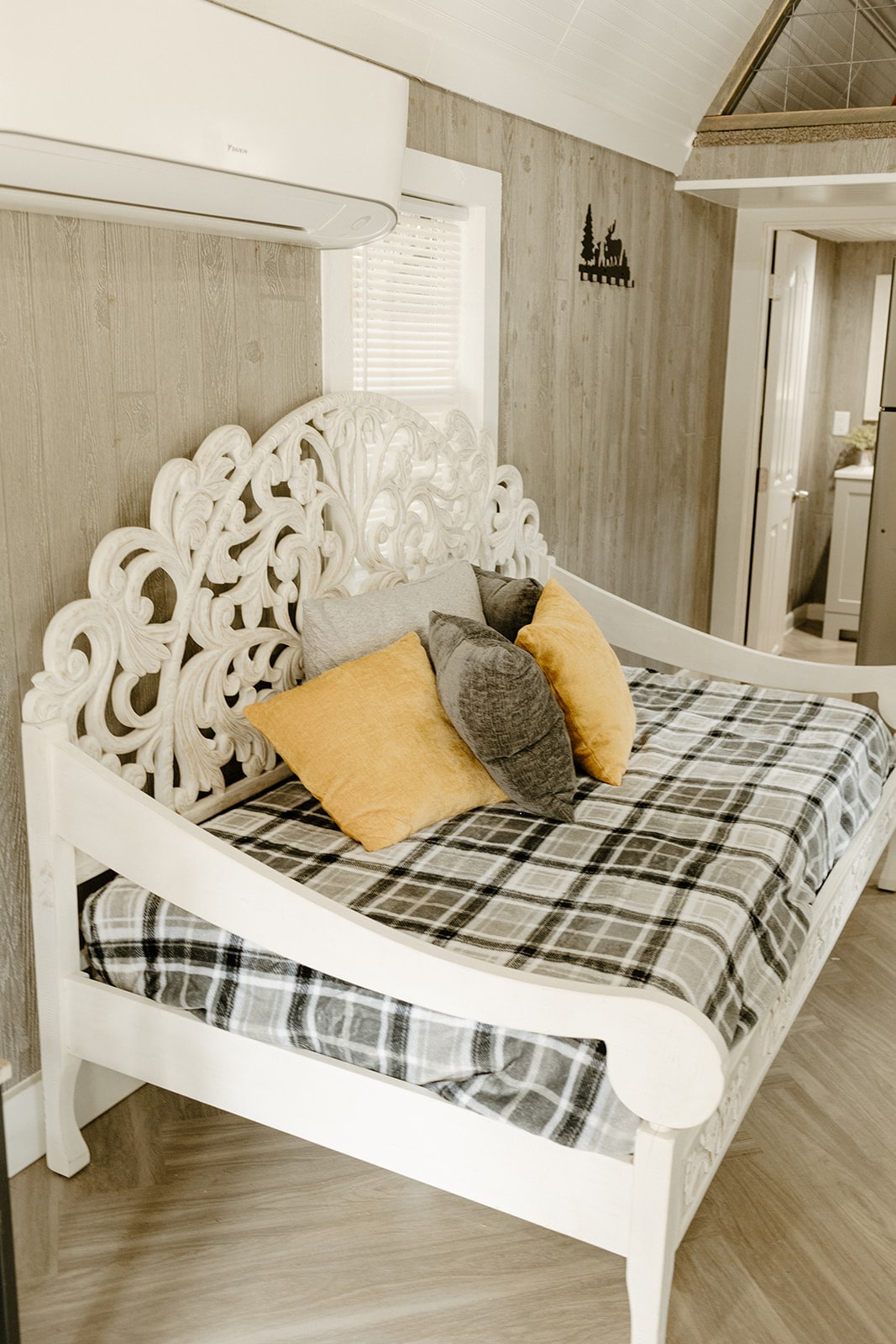 Full bed inside Running Water Tiny Cabin
